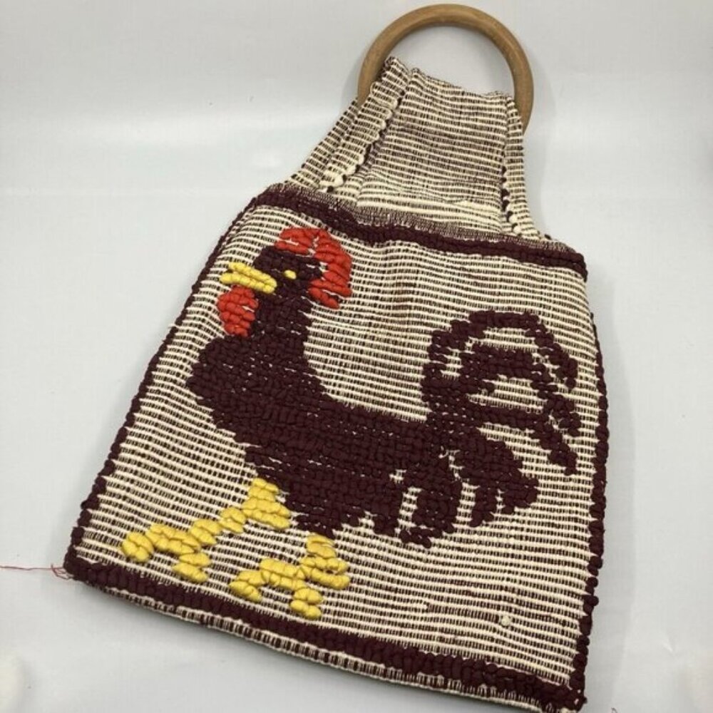 Vintage 1980s Handmade Portuguese Rooster Double Bag Portuguese Rattan Bag